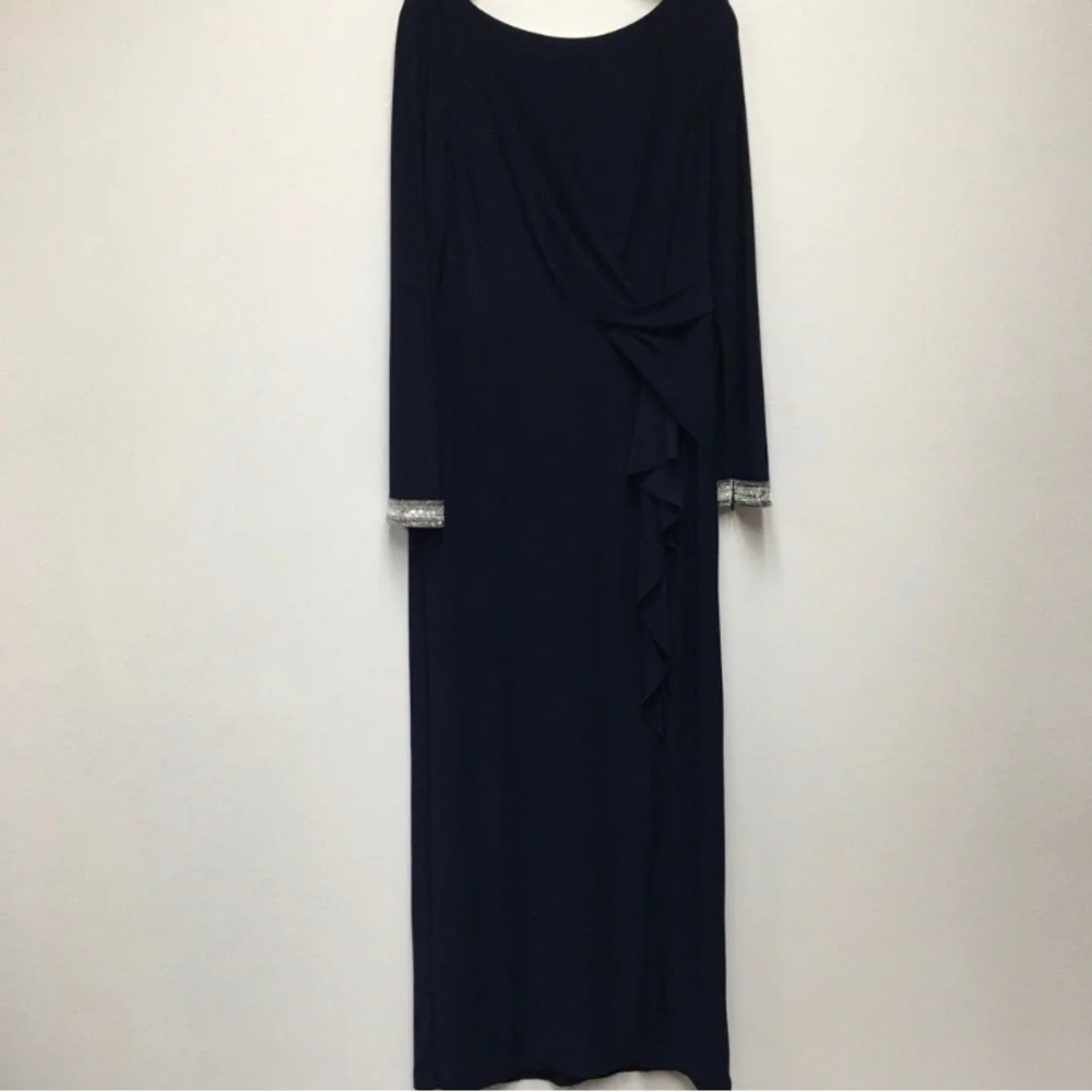 Vince Camuto Beaded Draped Stretch Gown 14 Navy Blue Elegant Formal Gala Wedding - Picture 2 of 14
